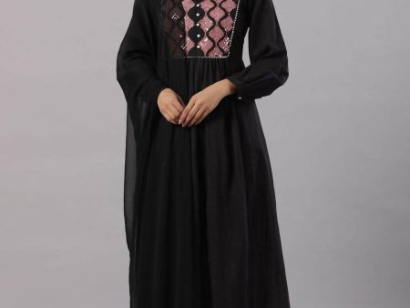 Juniper Women s Black Cotton Dobby Solid With Embroidery Flared Kurta Sets Supply