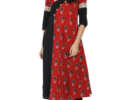 NOZ2TOZ Black & Red Printed Half Sleeve Cotton A-Line Kurta Online Hot Sale