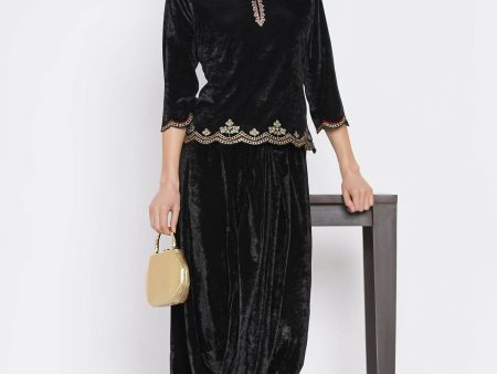 Women Republic Black Velvet Embroiderd Koti With Dhoti Pants For Cheap