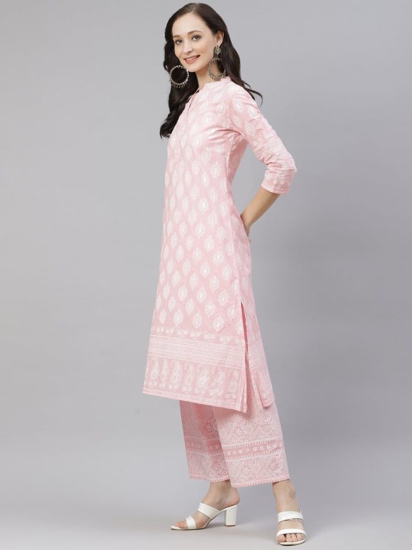 Wahe-NOOR Women s Baby Pink Cotton Kurta Palazzo Set Online Sale