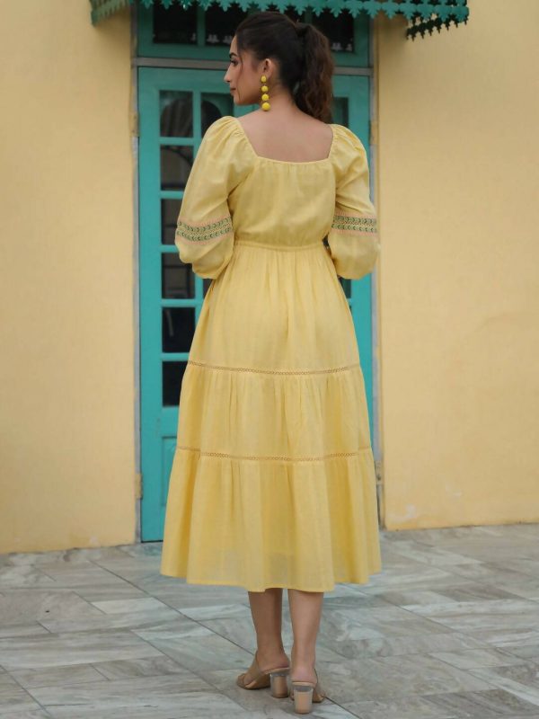 Juniper Women s Yellow Cotton Dobby Embroidered Flared Dress on Sale