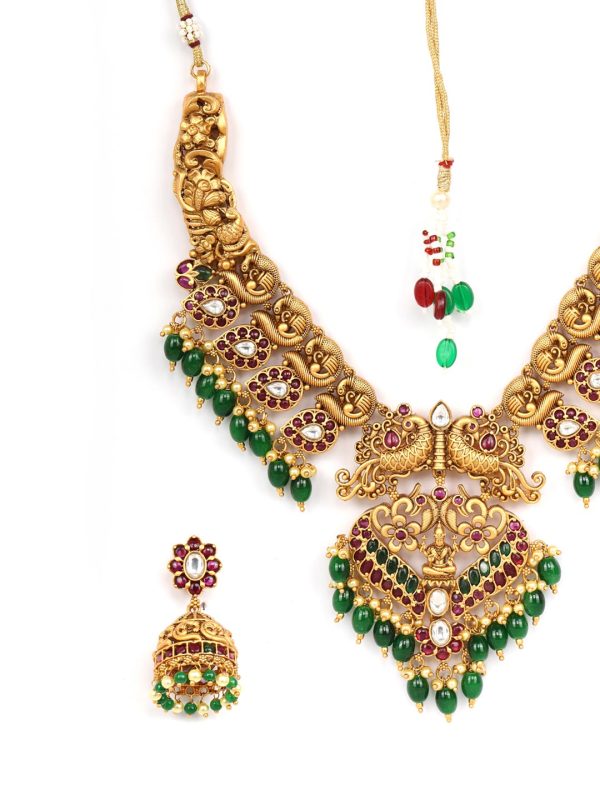 Priyaasi Women Emerald Ruby Pearls Beads Stones Gold Plated Peacock Choker Set Cheap