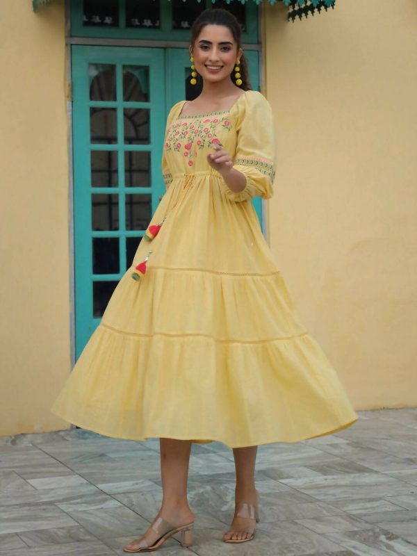 Juniper Women s Yellow Cotton Dobby Embroidered Flared Dress on Sale