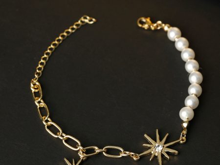 Priyaasi Women White American Diamond Pearls Gold Plated Star Link Bracelet Sale