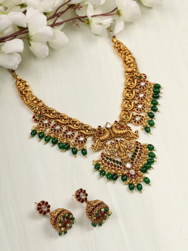 Priyaasi Women Emerald Ruby Pearls Beads Stones Gold Plated Peacock Choker Set Cheap