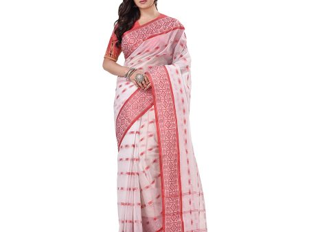 Desh Bidesh Women s Traditional Bengal Tant Woven Lal Paar Sada Design Pure Handloom Cotton Saree Without Blouse Piece on Sale