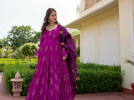 Purple Pure Reyon Gold Foil Work Stitched Suit With Dupatta - Anbazaar on Sale