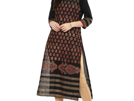 Wahe-NOOR Women s Black Ajrakh Hand Block Cotton Printed Straight Kurta With Overall Print Supply