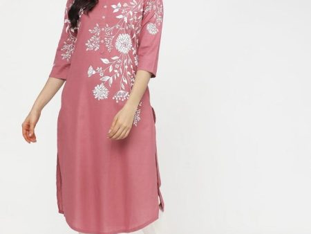 Maai Rayon Hand Printed Kurta Pink Online Sale