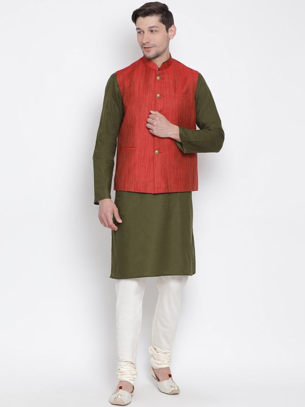 Vastramay Men s Green Cotton Linen Blend Jacket, Kurta and Pyjama Set For Cheap