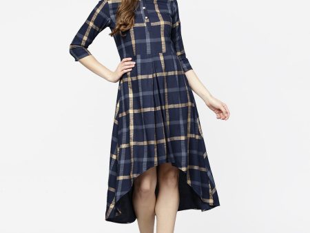 NOZ2TOZ Blue Checked 3 4th Sleeve Cotton Front Slit Dress Cheap