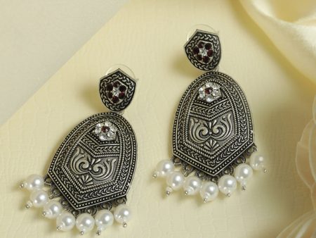 Priyaasi Women Studded Floral Oxidised Silver Pearl Drop Earrings Online Hot Sale