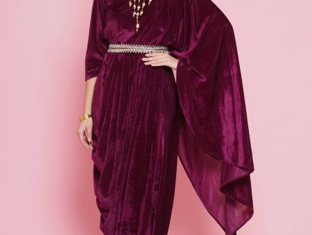 Women Republic Burgundy Velvet Kurta With Attached Neckalace,Belt And Pant Fashion