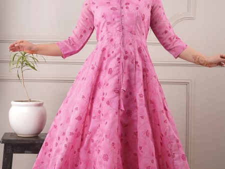 Partywear Designer Hand Screen and Foil Print pink Pure chanderi Gown - Anbazaar Online Hot Sale