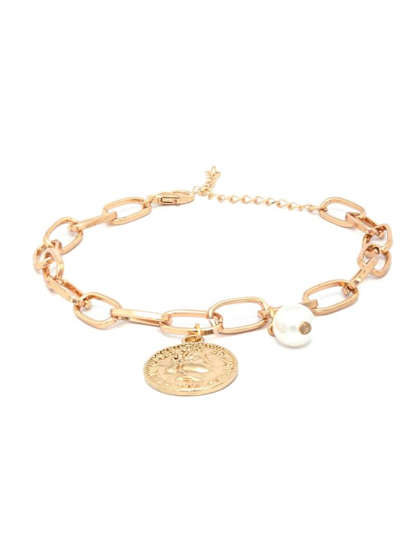 Priyaasi Women White Pearls Rose Gold Plated Coin Link Bracelet Cheap