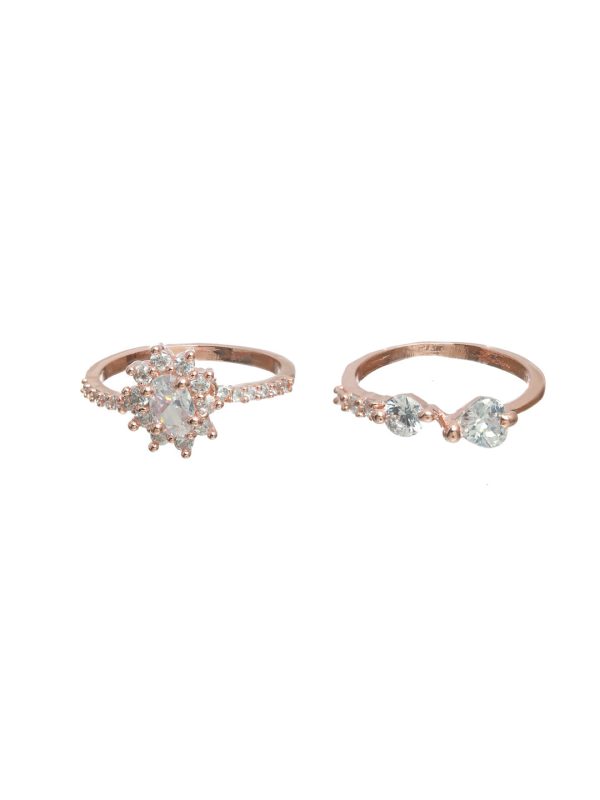 Priyaasi Women Floral American Diamond Rose Gold Plated Ring Set of 2 Fashion