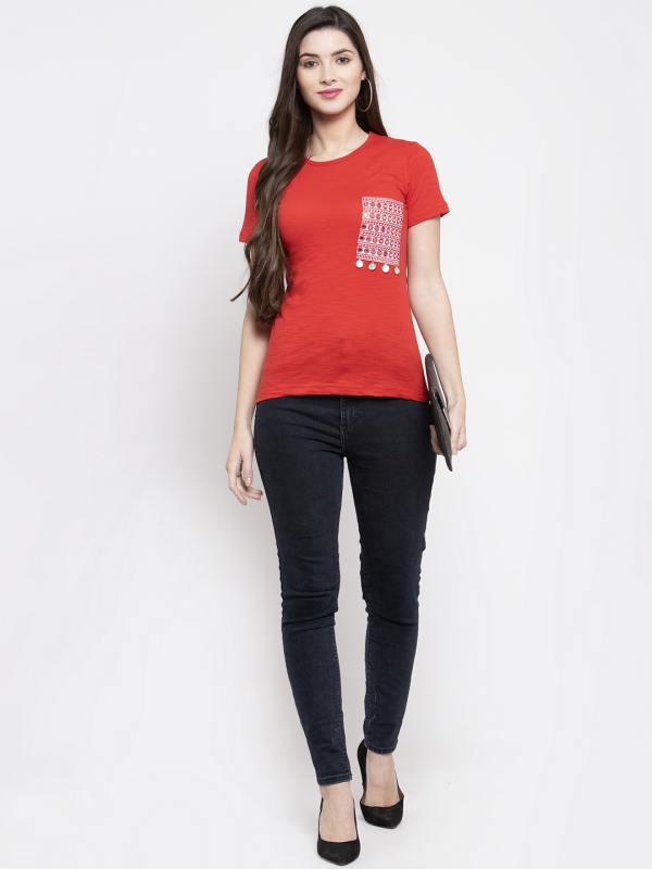 Wahe-NOOR Women s Red Solid Round Neck T-Shirt Supply