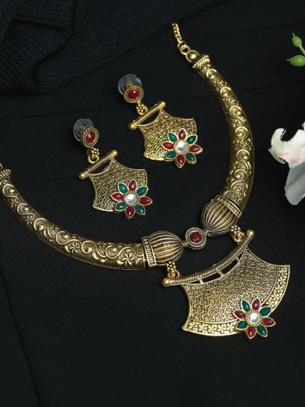 Priyaasi Women Floral Multicolor Gold Plated Jewellery Set on Sale