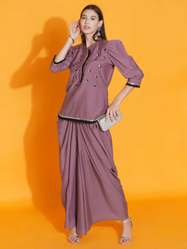 Women Republic Mauve Hand Embellished Kurta With Dhoti For Sale