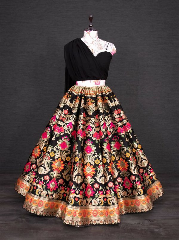 Black Banarasi Silk Lehenga Choli for Women, Ready to Wear Stitched Lengha Choli for Party by Infinity Export on Sale