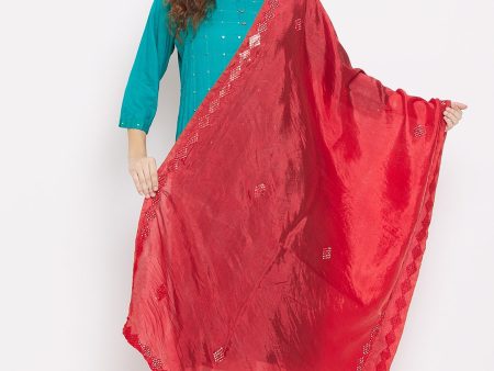 Wahe-NOOR Women s Red Mirror Work Poly Silk Dupatta Discount