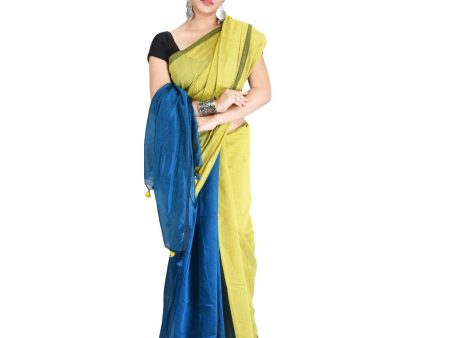 Desh Bidesh Bengal Cotton Tant Women s Bengal Half Half Ghicha Handloom Cotton Silk Saree With Blouse Piece (Olive Light Blue ) Supply