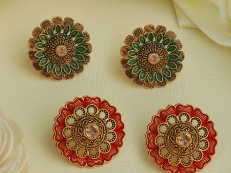 Priyaasi Women Floral Red Green Gold Plated Earrings Set Supply