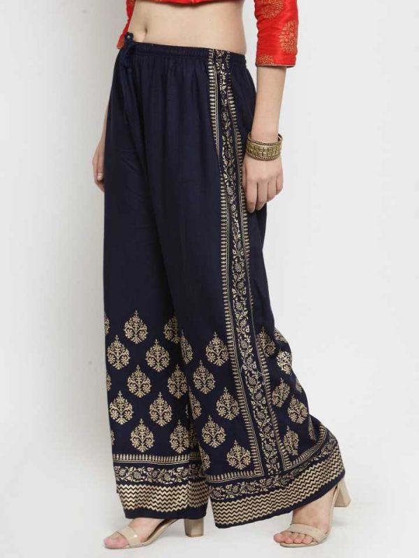 PAVONINE Navy Blue Color Block Side Printed Rayon Fabric Sharara For Women Online Sale