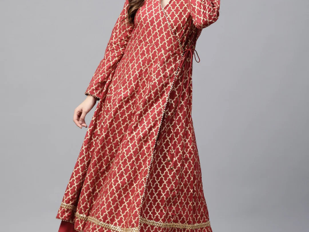 Wahe-NOOR Women s Rust Red & Golden Printed Kurta With Palazzos on Sale