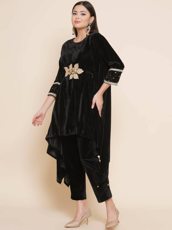 Women Republic Black Velvet Kaftaan Style Kurta With Pants Sale