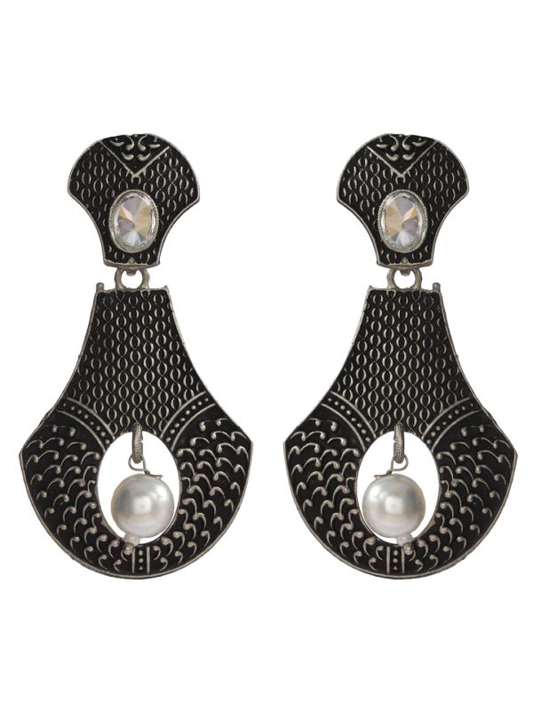 Priyaasi Women Stylish Embossed Studded Oxidised Silver Earrings For Discount