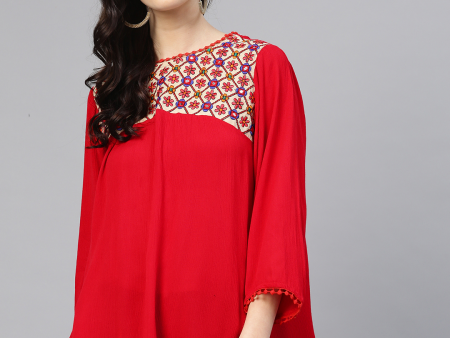 Wahe-NOOR Women s Red Embroidered Detail A-Line Top 2 Supply