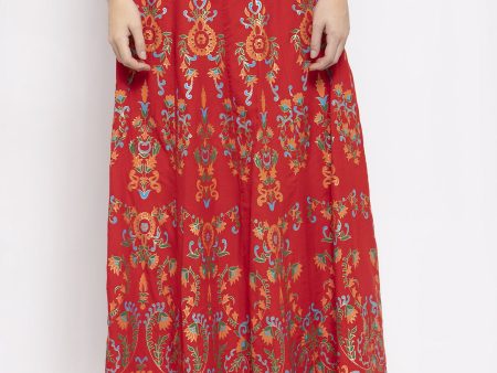 Wahe-NOOR Women s Red Printed Flared Rayon Maxi Skirt Online now