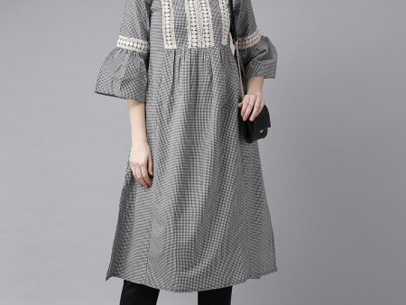 Wahe-NOOR Women s Black & White Checked A-Line Kurta Online Sale