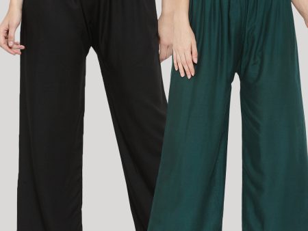 Wahe-NOOR Women s Solid Black & Bottle Green Rayon Palazzo (Set Of 2) on Sale