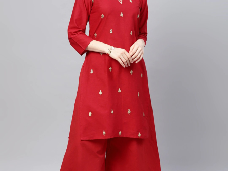 Wahe-NOOR Women s Red Embroidered Kurta With Palazzos For Cheap