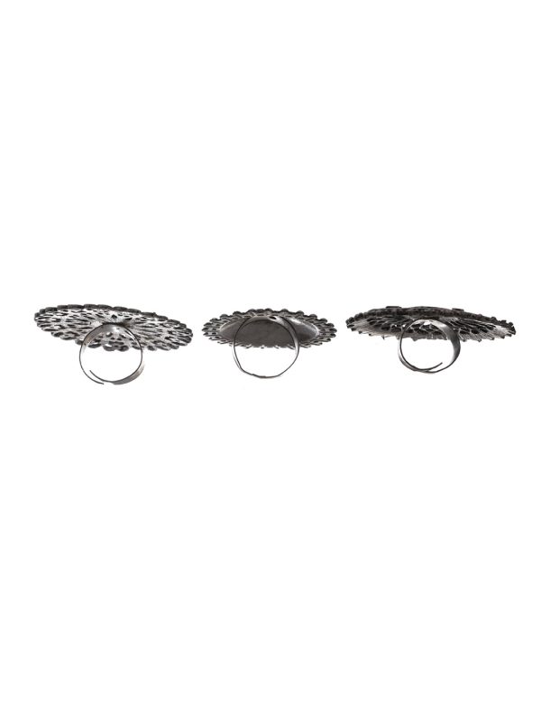 Priyaasi Women Floral Mirror Motif Oxidised Silver Ring Set of 3 on Sale