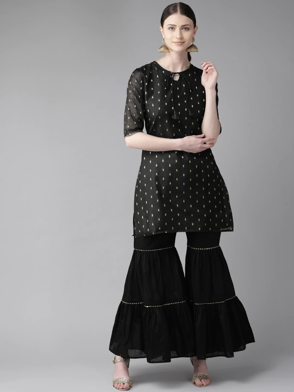 Wahe-NOOR Women s Black & Golden Woven Design Kurta With Sharara on Sale