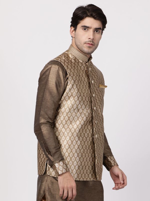 Vastramay Men s Gold Silk Blend Nehru Jacket Online now