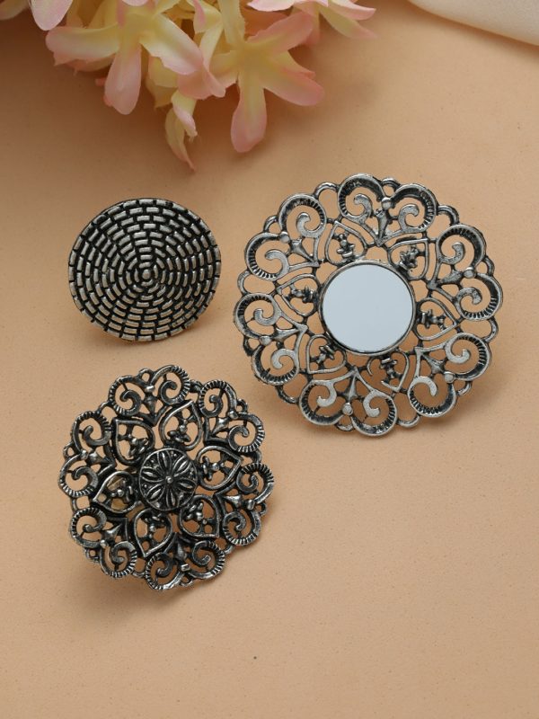 Priyaasi Women Floral Mirror Oxidised Silver Ring Set of 3 Fashion