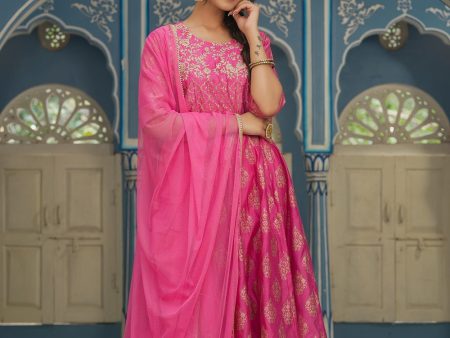 Juniper Pink Chanderi Festive Solid Embroidered Flared Maxi Dupatta For Women Online Sale