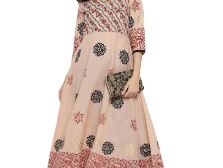 Wahe-NOOR Women s Beige Block Print Anarkali Kurta For Cheap