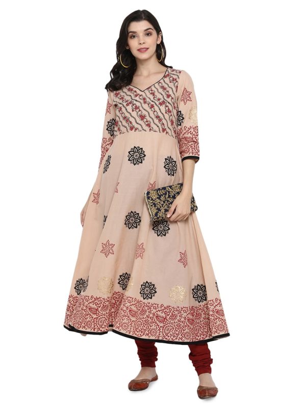 Wahe-NOOR Women s Beige Block Print Anarkali Kurta For Cheap