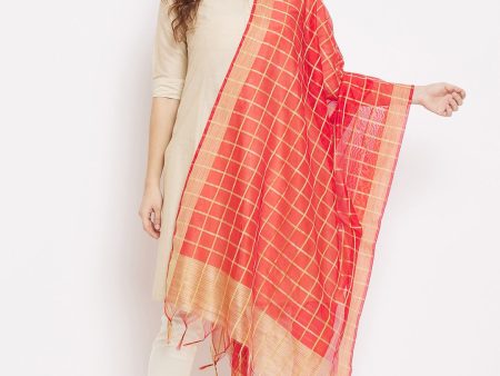 Wahe-NOOR Women s Red Check Poly Silk Blend Dupatta Online Sale