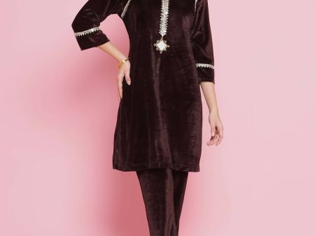 Women Republic Brown Velvet Embellished Co-Ord Set on Sale