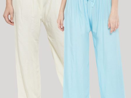 Wahe-NOOR Women s Solid Cream & Sky Blue Rayon Palazzo (Set Of 2) Fashion