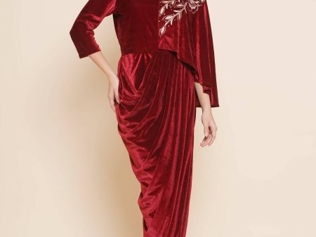 Women Republic Maroon Velvet Drape Styel Gown Fashion