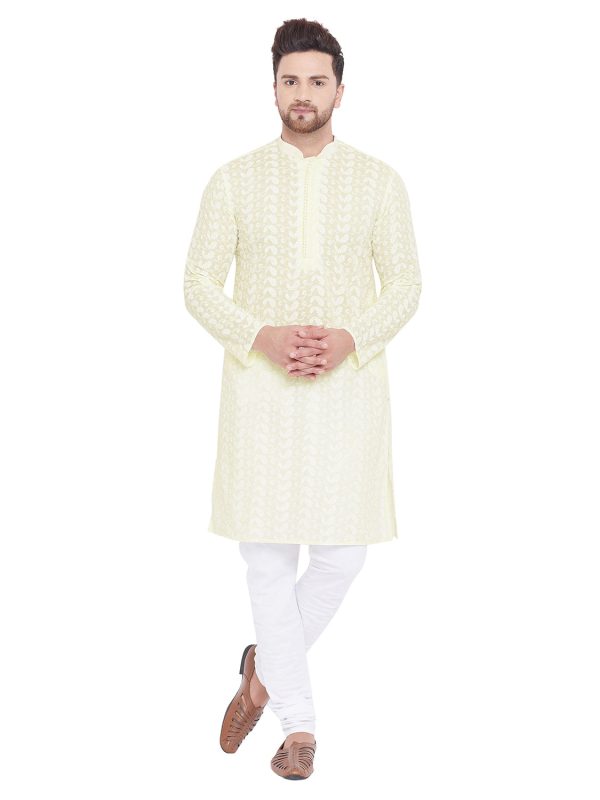 Vastramay Men s Yellow and White Cotton Kurta Pyjama Set Supply