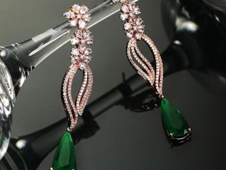 Priyaasi Women Emerald American Diamond Rose Gold Plated Floral Drop Earrings For Discount