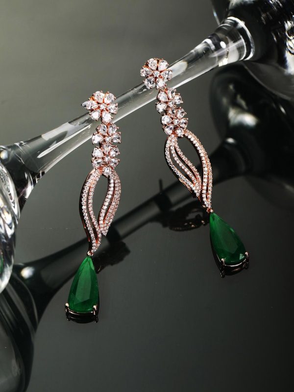 Priyaasi Women Emerald American Diamond Rose Gold Plated Floral Drop Earrings For Discount